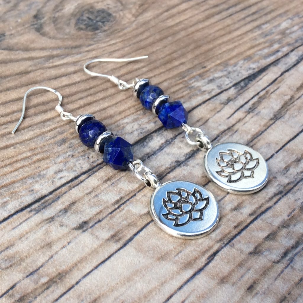 Lotus Earrings With Lapis Lazuli, Crystal Healing Jewelry
